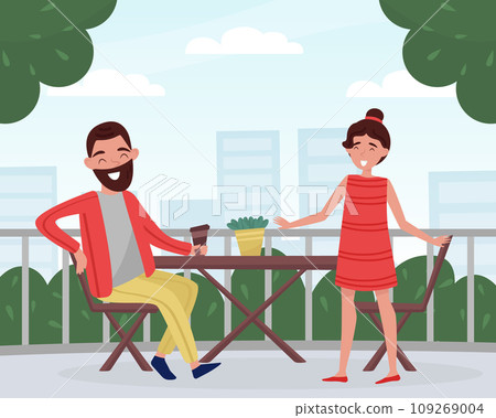 Happy Man Father with His Daughter Sit at Cafe Vector Illustration 109269004