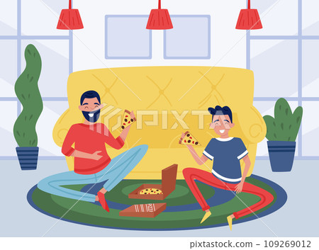 Happy Man Father with His Son Eating Pizza at Home Vector Illustration Happy Man Father with His Son Eating Pizza at Home Vector Illustration 109269012