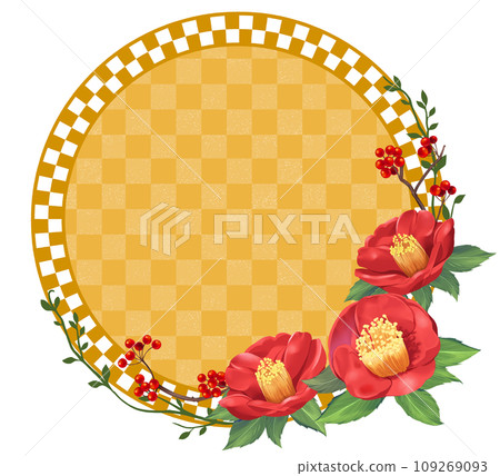 Camellia circular frame material golden checkered pattern 109269093