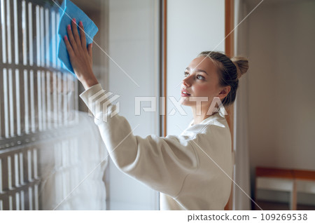 Girl cleaning the window and looking concentrated 109269538