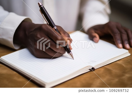 Man writes on empty notebook page with pen sitting at wooden table in room closeup 109269732
