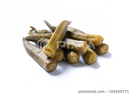 Okra slices isolated on white background. Close up 109269775