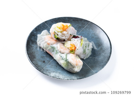 Vietnamese rolls with vegetables, rice noodles and prawns isolated on white background Vietnamese rolls with vegetables, rice noodles and prawns isolated on white background 109269799