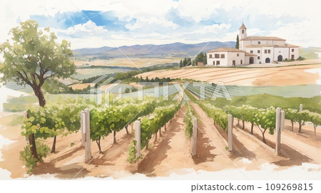 Watercolor background_World travel_Spain_Rural vineyard_02 Watercolor background_World travel_Spain_Rural vineyard_02 109269815