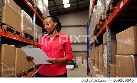 Businesswoman standing on fabric warehouse and working with papers. 109269840