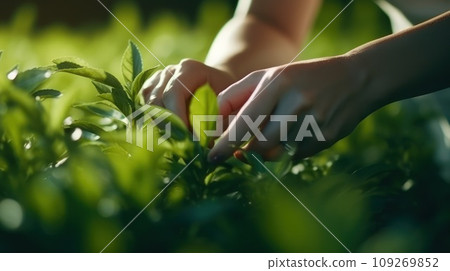 Farmer is collecting green tea leaves. Female hands close-up. Farmer is collecting green tea leaves. Female hands close-up. 109269852