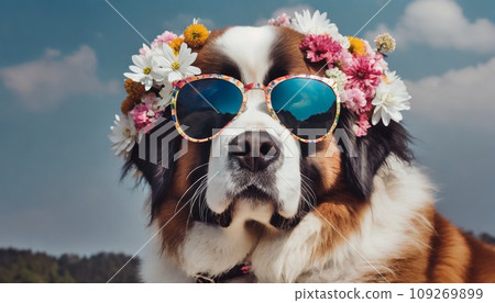 A happy Saint Bernard with flowers on his head and sunglasses_AI-generated image 109269899