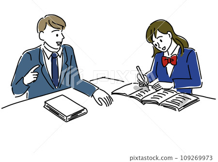Simple line drawing illustration of a female student and teacher studying 109269973
