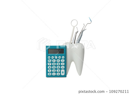 PNG, Tooth with dental instruments and calculator, isolated on white background 109270211