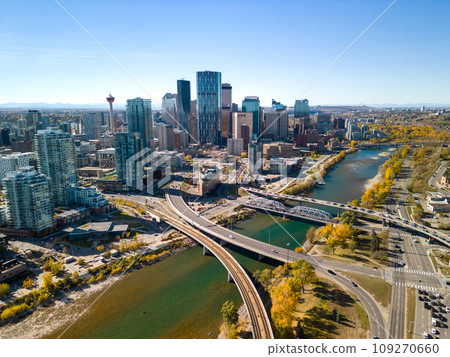 Downtown Calgary skyline and Bow River in autumn season. Aerial view of City of Calgary, Alberta, Canada. 109270660