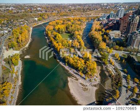 Prince's Island Park autumn foliage scenery. Aerial view of Downtown City of Calgary, Alberta, Canada. Prince's Island Park autumn foliage scenery. Aerial view of Downtown City of Calgary, Alberta, Canada. 109270665