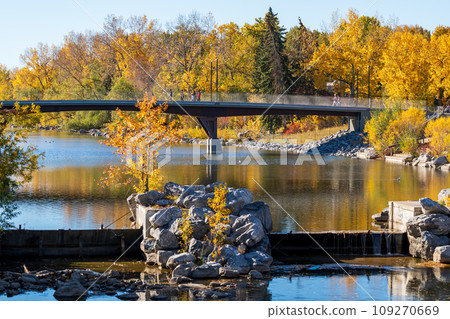 Prince's Island Park autumn foliage scenery. Jaipur Bridge ( Bow River Pathway Bridge ), Downtown Calgary, Alberta, Canada. Prince's Island Park autumn foliage scenery. Jaipur Bridge ( Bow River Pathway Bridge ), Downtown Calgary, Alberta, Canada. 109270669