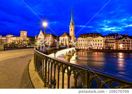 Beautiful night view of historic city center of Zurich, Switzerland. Beautiful night view of historic city center of Zurich, Switzerland. 109270709
