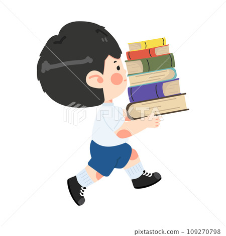 Kid boy student carrying a pile of books 109270798