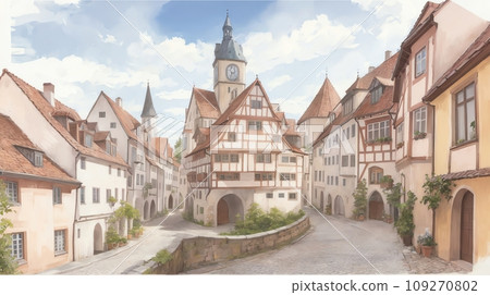 Watercolor background_World travel_Germany_Medieval cityscape_02 Watercolor background_World travel_Germany_Medieval cityscape_02 109270802