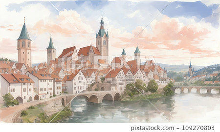 Watercolor background_World travel_Germany_Medieval cityscape_03 109270803
