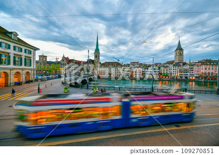 Scenic evenning view of historic Zurich city center and river limmat , Switzerland 109270851