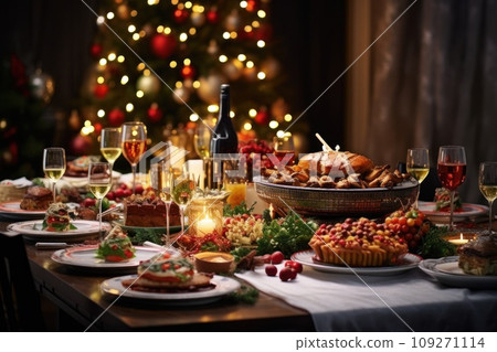 Christmas festive family dinner served different dishes and salads, many snacks, sparkling wine and glasses. New Year's decor with Xmas tree on background. 109271114