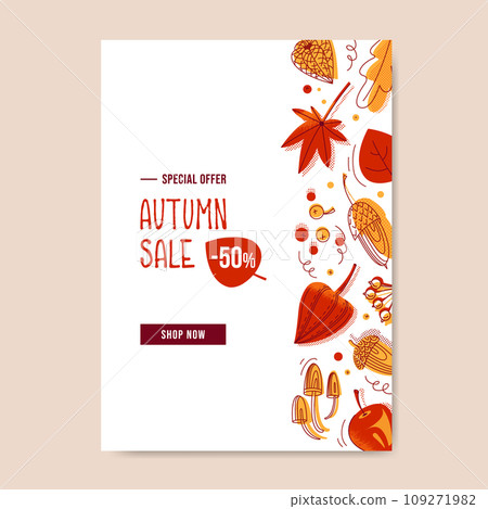 Autumn sale background decorate with leaves, berries, mushrooms, pumpkin Autumn sale background decorate with leaves, berries, mushrooms, pumpkin 109271982