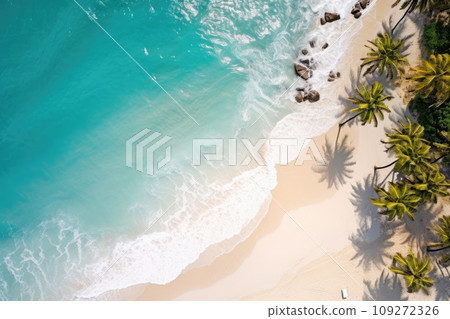 Aerial top view Landscape of coast Sea background, Beach with clear ocean wave turquoise and bubble, Summer time of vacation, Beautiful scene of beach for relaxation, Generative Ai 109272326