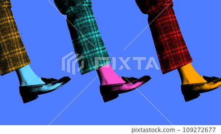 Poster. Contemporary art collage. Three legs in checkered pants in vivid color palette against colorful background. Bright comics style design. Poster. Contemporary art collage. Three legs in checkered pants in vivid color palette against colorful background. Bright comics style design. 109272677