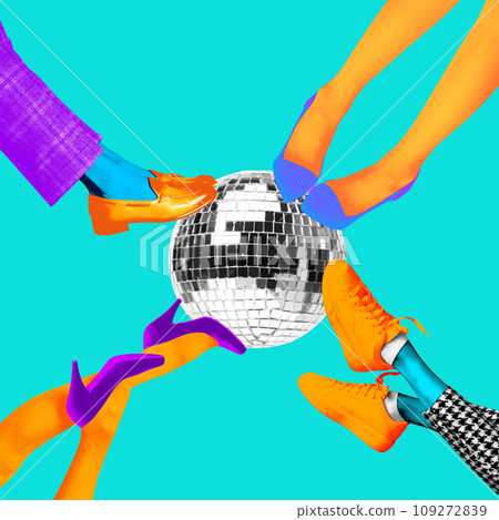 Poster. Contemporary art collage. Female and male legs in vintage color clothes stands on disco ball. Bright comics style design. Poster. Contemporary art collage. Female and male legs in vintage color clothes stands on disco ball. Bright comics style design. 109272839