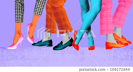 Poster. Contemporary art collage. Women and men dancing dressed retro clothes Bright comics style design. Poster. Contemporary art collage. Women and men dancing dressed retro clothes Bright comics style design. 109272844