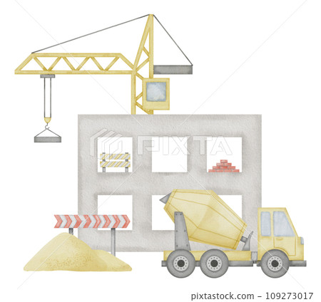 Building Construction Watercolor illustration. Hand drawn clip art of concrete mixer and lifting crane on isolated background. Baby boy t-shirt print. Drawing of hoisting machine and house frame. 109273017