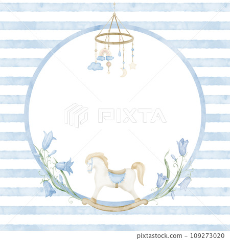 Watercolor Frame for Baby shower cards. Hand drawn illustration for birthday or newborn invitations. Circular Template with retro rocking horse and bell flowers on pastel colors. Border with toys. 109273020