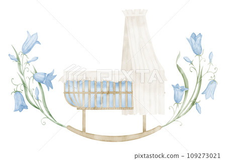 Cradle watercolor illustration. Hand drawn Crib in pastel colors for Baby shower greeting cards or newborn invitations. Drawing of vintage bed for child with blue bell flowers on isolated background. Cradle watercolor illustration. Hand drawn Crib in pastel colors for Baby shower greeting cards or newborn invitations. Drawing of vintage bed for child with blue bell flowers on isolated background. 109273021