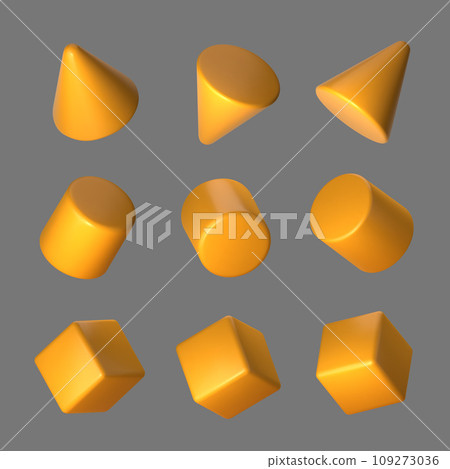 3d of yellow geometric shape set. Realistic orange geometric cube, cone and cylinder in perspective isolated on grey background. Vector illustration. 109273036