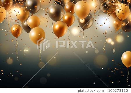 Celebration light background with golden balloons and confetti.Generative AI 109273110