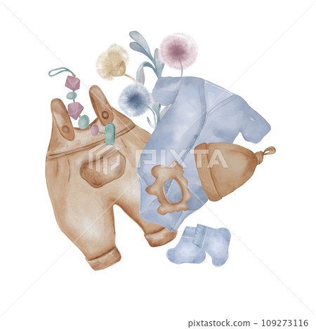 Illustration with baby clothes, beanbag and abstract plants isolated on white background. Hand drawn baby bodysuit and romper. Baby toy in pastel shades. Elements for birthday card or newborn party 109273116