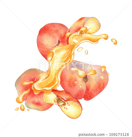 Watercolor illustration with chines flat peaches levitation with splashing juice isolated on white. Fruits and drops painting. Fig peach hand drawn. Design element for package, label, cosmetic, oil 109273128