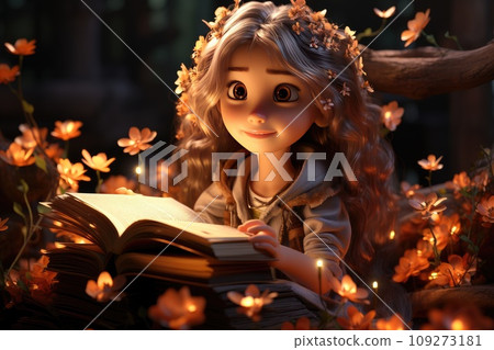 A magic fairy peers into the pages of a spellbook 109273181