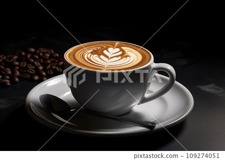 White cup of cappuccino coffee with foam and coffee beans on black background. 109274051