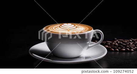 White cup of cappuccino coffee with foam and coffee beans on black background. White cup of cappuccino coffee with foam and coffee beans on black background. 109274052