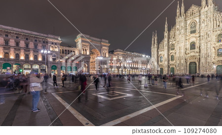 Panorama showing Milan Cathedral and Vittorio Emanuele gallery night timelapse. Panorama showing Milan Cathedral and Vittorio Emanuele gallery night timelapse. 109274080