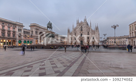 Panorama showing Milan Cathedral and Vittorio Emanuele gallery day to night timelapse. Panorama showing Milan Cathedral and Vittorio Emanuele gallery day to night timelapse. 109274082