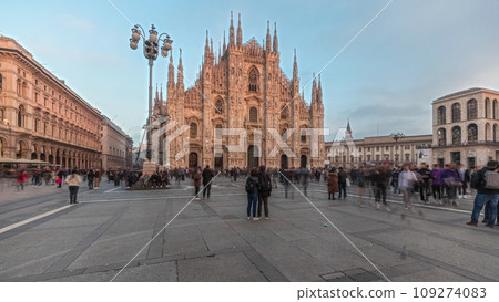 Panorama showing Milan Cathedral and Vittorio Emanuele gallery timelapse. Panorama showing Milan Cathedral and Vittorio Emanuele gallery timelapse. 109274083