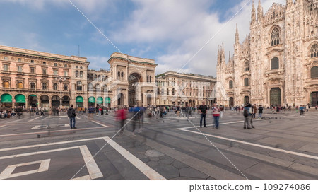 Panorama showing Milan Cathedral and Vittorio Emanuele gallery timelapse. 109274086