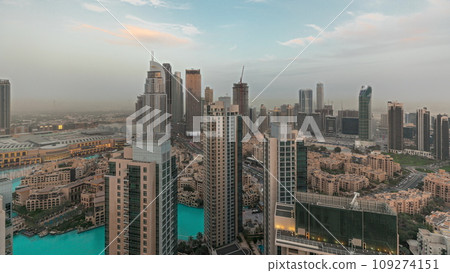 Panorama showing aerial panoramic skyline of a big futuristic city timelapse. Business bay and Downtown Panorama showing aerial panoramic skyline of a big futuristic city timelapse. Business bay and Downtown 109274151