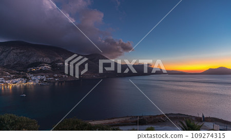 Panorama showing Amorgos island aerial day to night timelapse from above. Greece 109274315