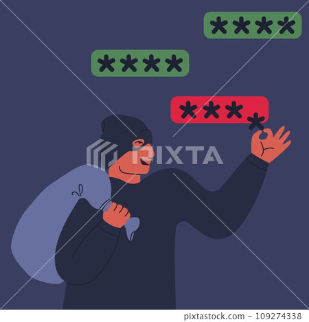 Theft of PIN code, password or personal data online. Hacker steals password for web page or mobile application. Unprotected password, protection of personal data in gadgets, shotlistbanking Theft of PIN code, password or personal data online. Hacker steals password for web page or mobile application. Unprotected password, protection of personal data in gadgets, shotlistbanking 109274338