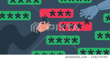 Stealing passwords and pin codes. Human and robot hackers steal personal data. Strong password and data security. Vector illustration. 109274340