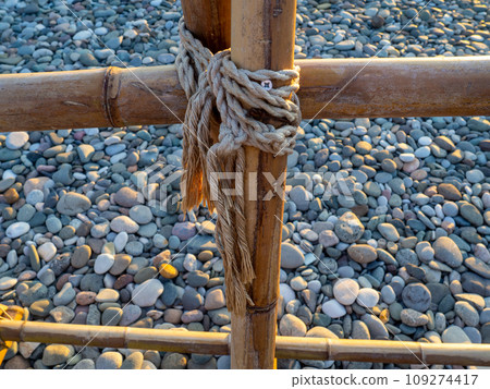 Bamboo sticks are tied with a rope. Close-up of the fence on the shore. Detail of the building. Part of a bamboo fence. Bamboo sticks are tied with a rope. Close-up of the fence on the shore. Detail of the building. Part of a bamboo fence. 109274417