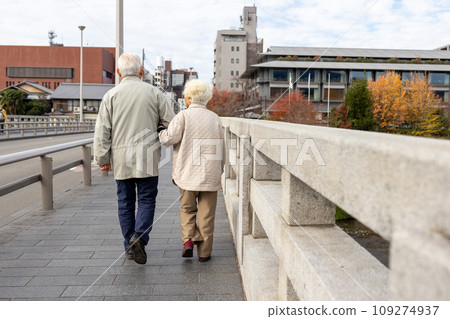 Rear view of an elderly couple with white hair walking on a bridge Rear view of an elderly couple with white hair walking on a bridge 109274937