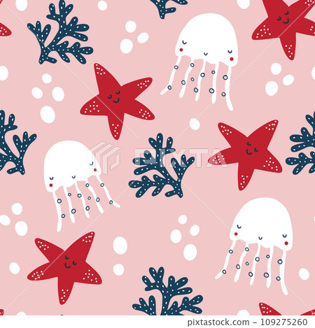 Cute seamless pattern colorful hand drawn pattern with starfish and jellyfish. Cute seamless pattern colorful hand drawn pattern with starfish and jellyfish. 109275260
