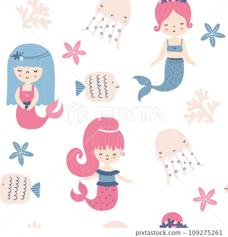 Vector seamless pattern with cute mermaid girls and underwater elements. Ocean, sea. Princess mermaid.  109275261