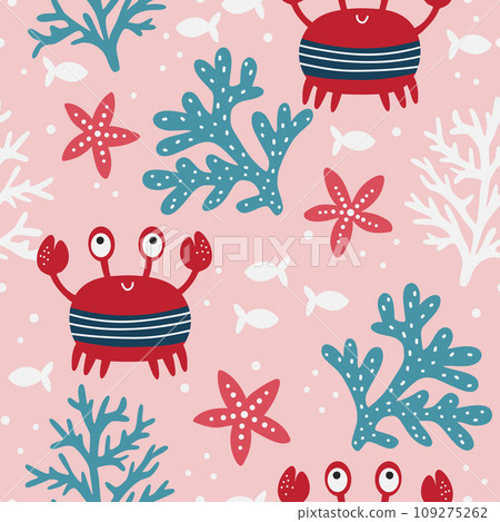 Cute colored childish seamless repeating simple flat pattern with crabs and plants Cute colored childish seamless repeating simple flat pattern with crabs and plants 109275262